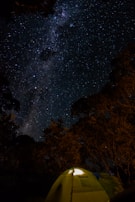 A star-studded night sky over a cozy safari camp with soft lantern light and silhouettes of safari tents.