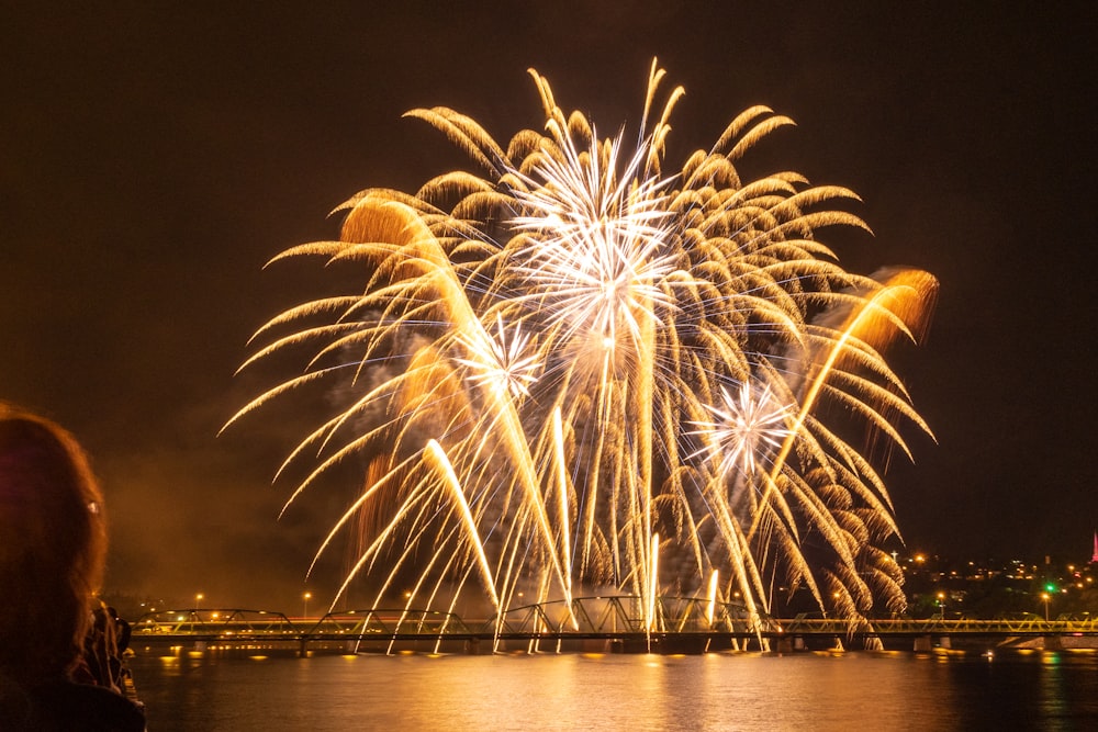 fireworks at nighttime over bridge