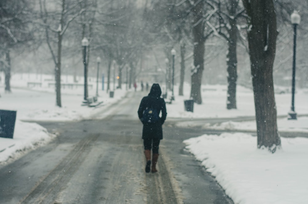 person in black hoodie standing between snow covered road and trees