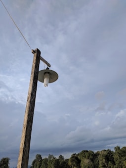 A rustic wooden pole supporting a simple outdoor light fixture is set against a backdrop of cloudy sky. The electric bulb hangs from a weathered holder, and a thin wire is attached at the top of the pole. Below, a stretch of dense green trees fills the lower portion of the image.