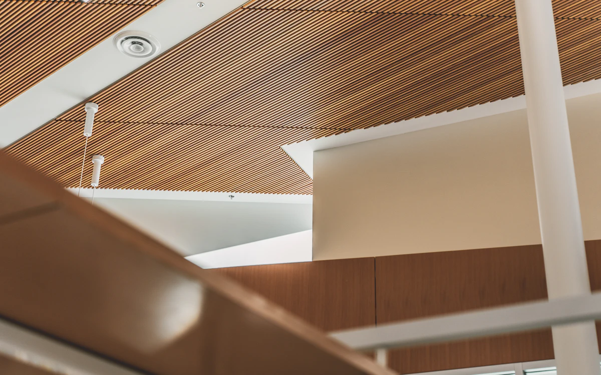 Lobby with a slatted timber ceiling