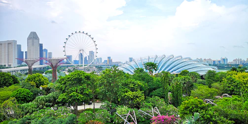 A panoramic view of the Singapore Flyer with the city skyline glowing at sunset.