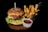 A delicious-looking burger with a sesame seed bun, lettuce, tomato, cheese, and a crispy fried chicken patty, served on a wooden board. Beside it, there is a small metal basket filled with golden brown fries, and a white ramekin containing ketchup.