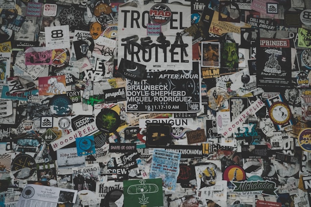 An image showcasing vibrant printed banners and stickers.