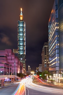 Downtown skyscraper illuminated at night