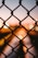 A chain-link fence is prominently displayed in the foreground, with blurred city lights and a sunset sky in the background creating a bokeh effect.