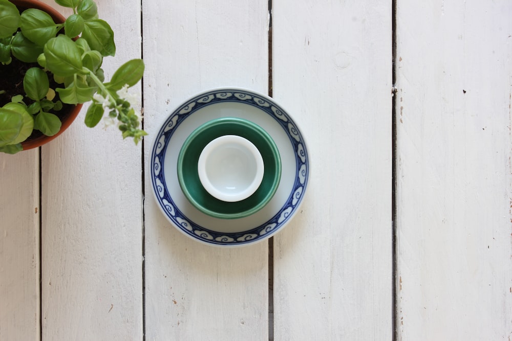 round white, green, and blue ceramic brown on white surface