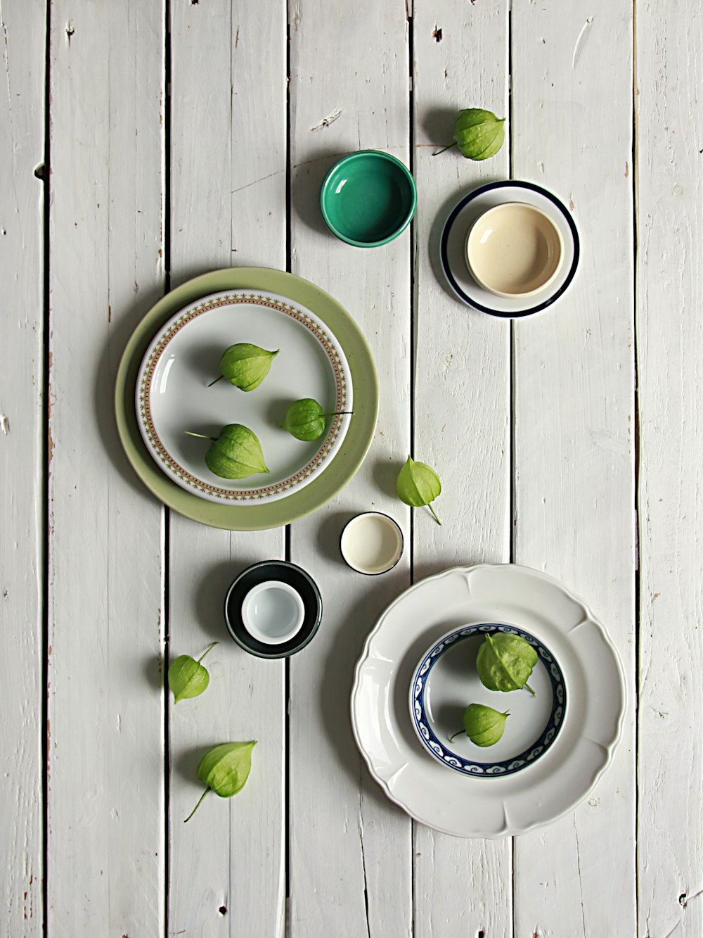 green physalis on dinnerware set