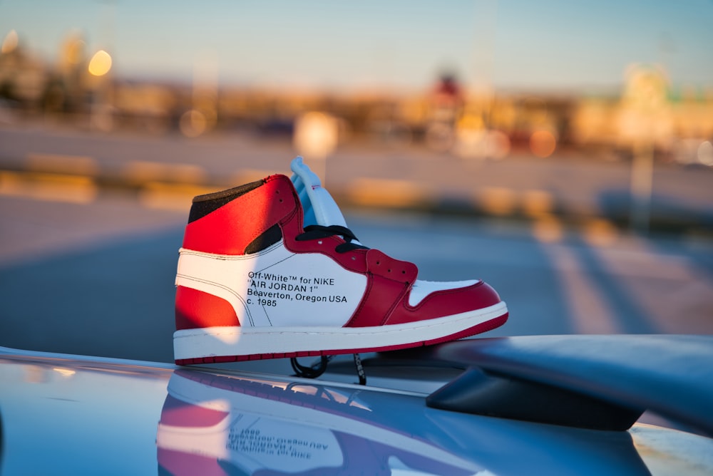 white, black, and red Air Jordan 1 shoe