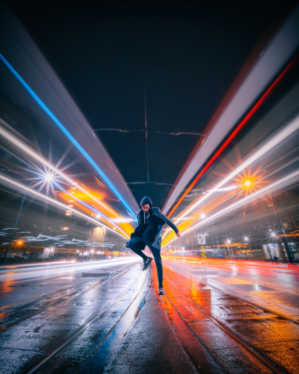 time-lapse photo of man jumping on street