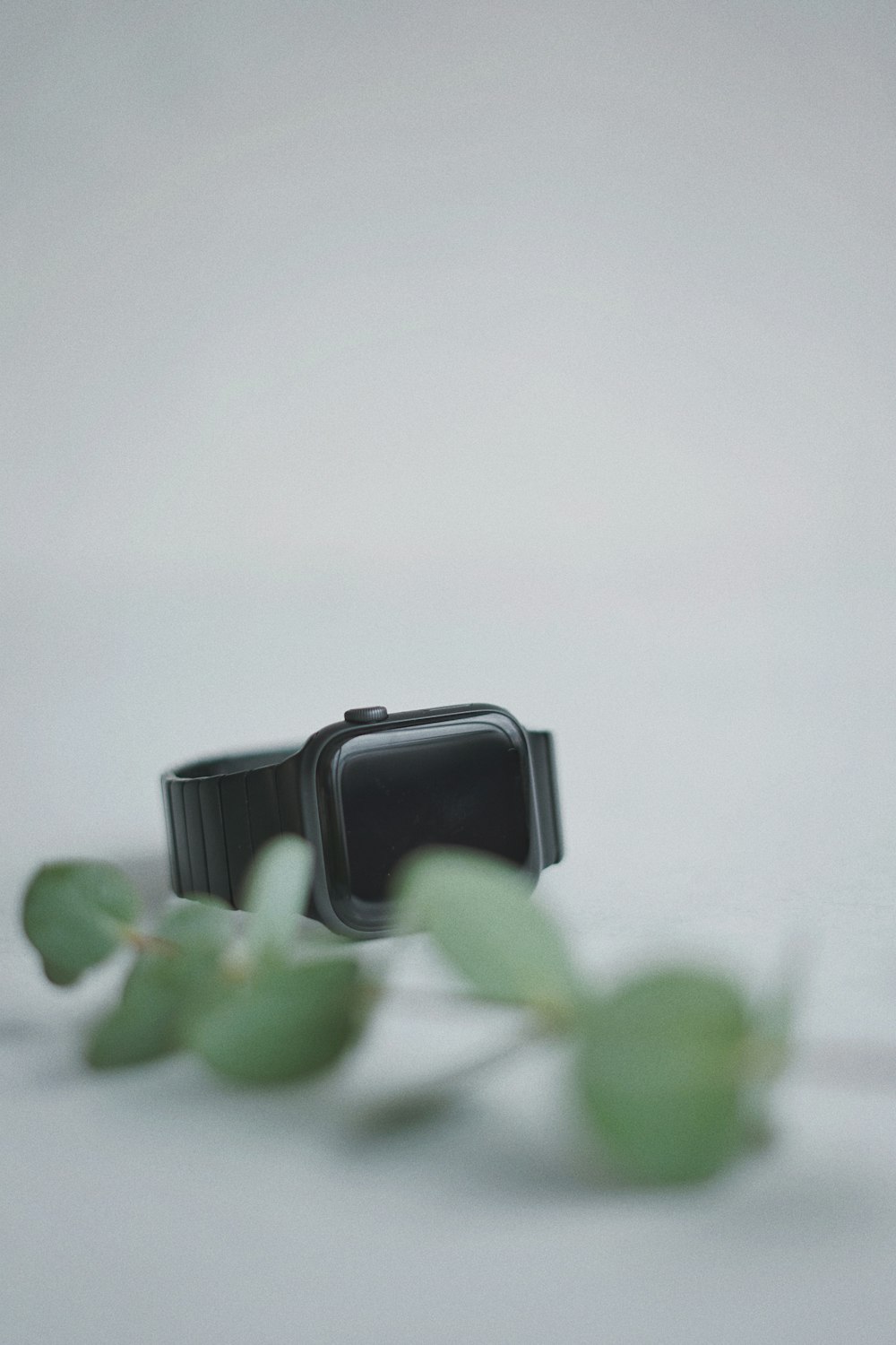 black smart watch beside green leafed plant