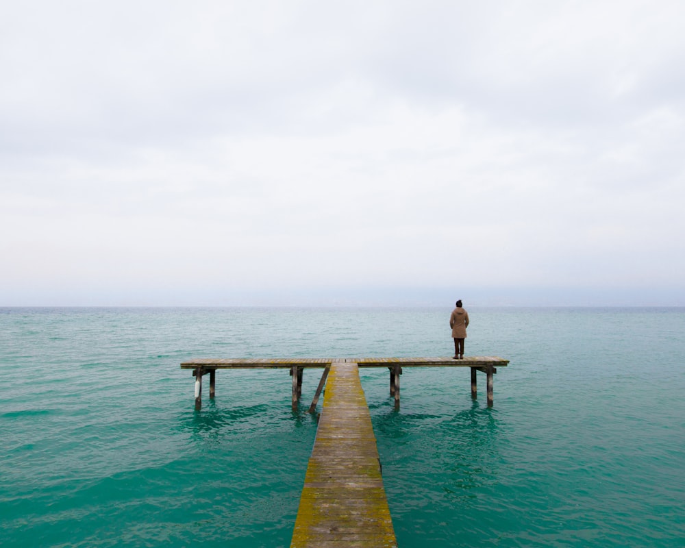 person standing on brown wooden dock during daytime