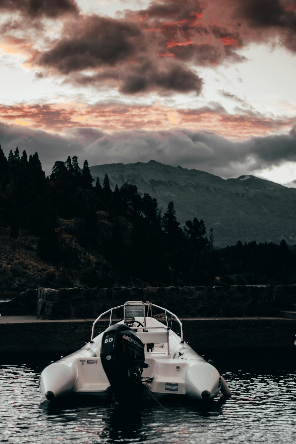 white motorboat under gloomy sky