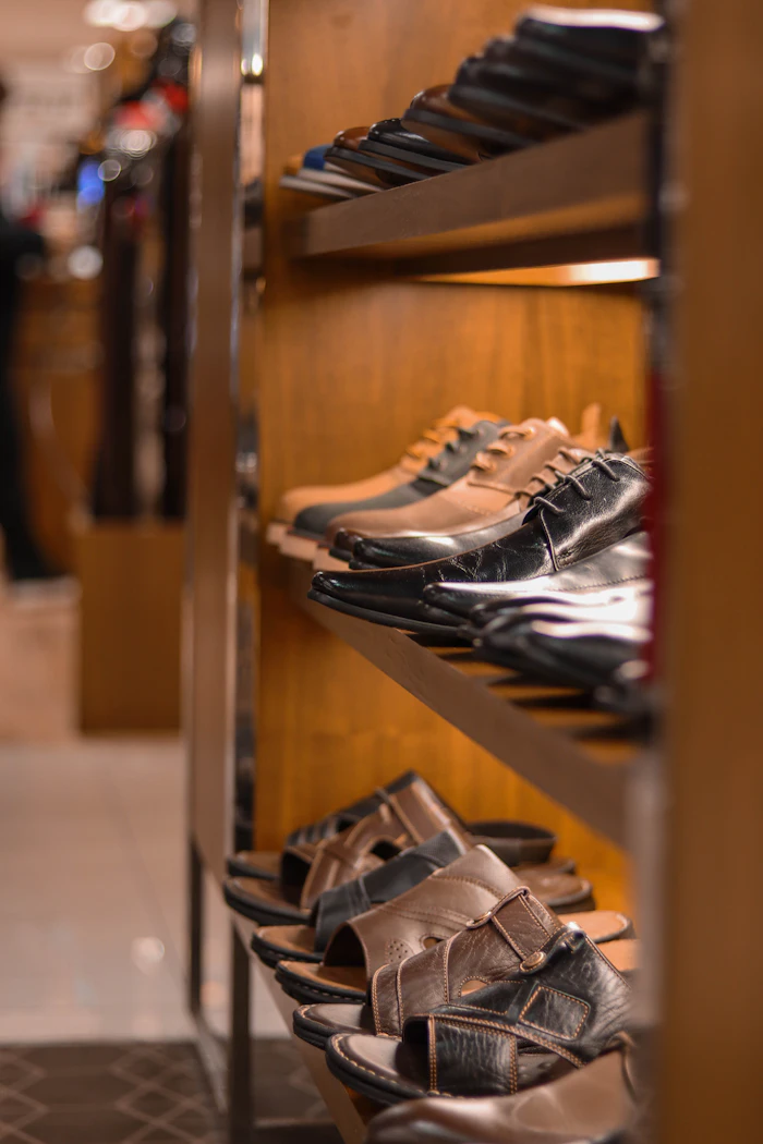 Rows of leather shoes stocked on wooden shelving ready for team footwear orders