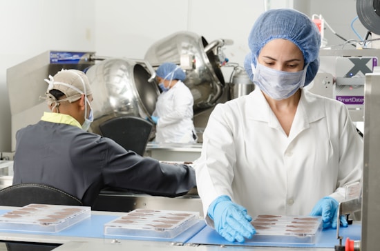 Employees in a factory setting are wearing protective clothing, including hairnets and masks, while handling trays of chocolates. Stainless steel machinery and equipment are visible in the background, suggesting an industrial food production environment.