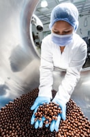 A worker in a laboratory coat, hairnet, and face mask is handling a large quantity of chocolate-coated products in a stainless steel drum using blue gloves. The setting appears to be a sterile environment, likely a food production or quality control facility.