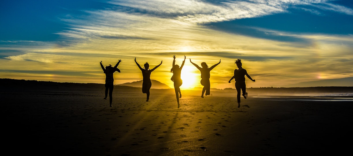 people jumping on shore front of golden hour