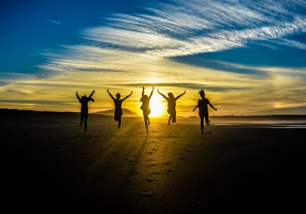 people jumping on shore front of golden hour