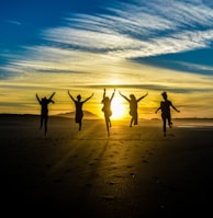 people jumping on shore front of golden hour