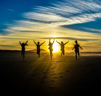 people jumping on shore front of golden hour