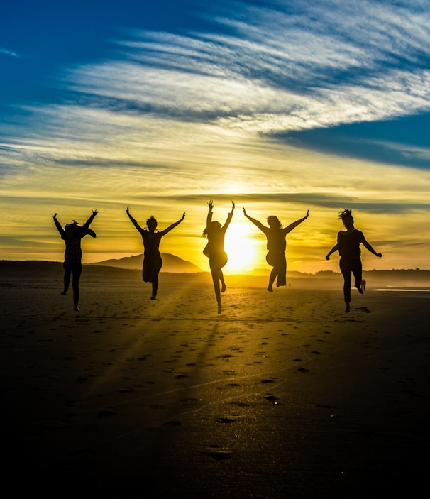 people jumping on shore front of golden hour