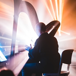 man sitting on chair playing harp