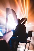 A person is playing the harp, illuminated by dramatic and colorful stage lighting. Beams of light create a vibrant, ethereal atmosphere, casting shadows and highlighting the musician and instrument.