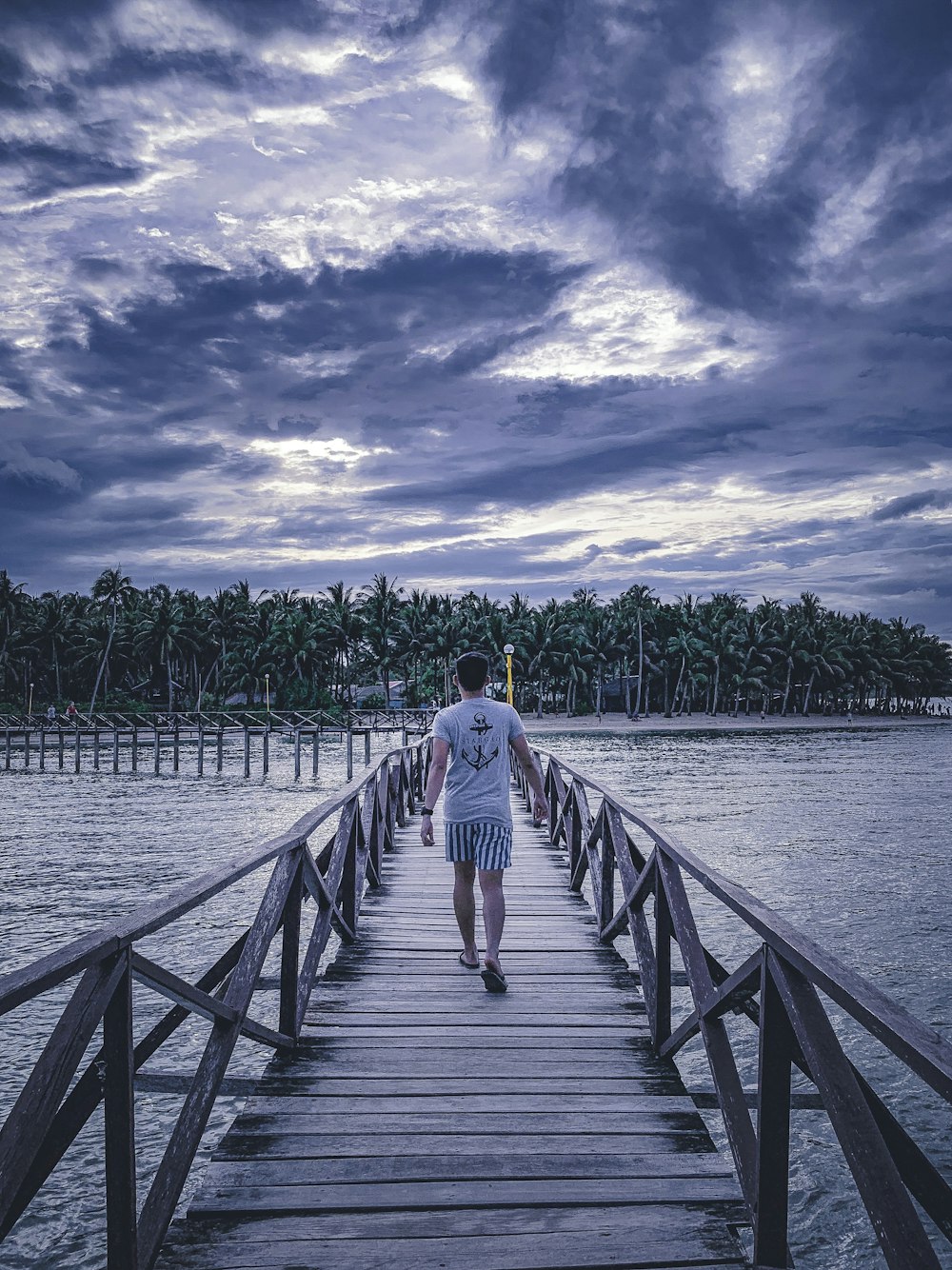 man walking on brown boardwalk