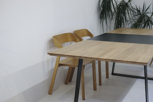 A minimalist setting with a wooden table and chairs against a white wall. The table has a modern design with black legs and the chairs match in color and style. In the background, there are green potted plants that add a touch of nature to the space.