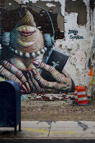 A graffiti mural on a brick wall features a stylized, cartoonish figure with exaggerated features, including large headphones, a pearl necklace, and holding a smartphone. The wall is partially damaged, adding to the urban, gritty atmosphere. A blue mailbox and an orange traffic cone are present on the sidewalk in front of the mural.