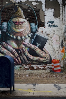 A graffiti mural on a brick wall features a stylized, cartoonish figure with exaggerated features, including large headphones, a pearl necklace, and holding a smartphone. The wall is partially damaged, adding to the urban, gritty atmosphere. A blue mailbox and an orange traffic cone are present on the sidewalk in front of the mural.