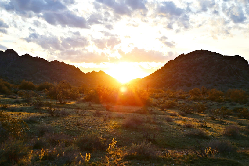 A tranquil sunrise over the Pahrump desert, bathing the landscape in soft pink and orange hues.