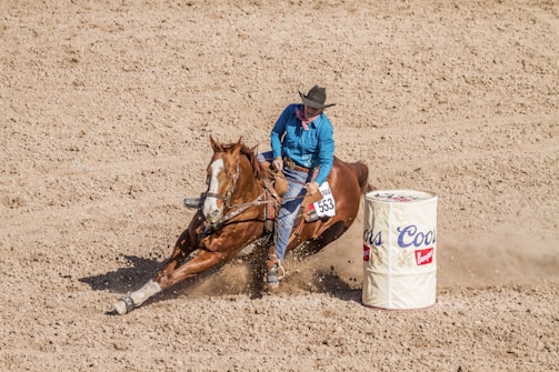 Cowboy and cowgirl marking a Charolais horse with a fiery brand in a sunny ranch setting