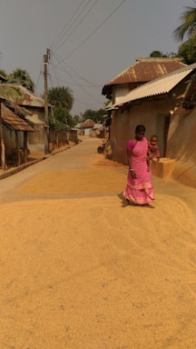 A woman in a pink sari stands on a rural street beside a large pile of grains spread out to dry. She is holding a child. The street is lined with houses with metal roofs and surrounded by palm trees. Electrical wires are visible against the clear sky.