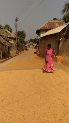 A woman in a pink sari stands on a rural street beside a large pile of grains spread out to dry. She is holding a child. The street is lined with houses with metal roofs and surrounded by palm trees. Electrical wires are visible against the clear sky.