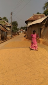 A woman in a pink sari stands on a rural street beside a large pile of grains spread out to dry. She is holding a child. The street is lined with houses with metal roofs and surrounded by palm trees. Electrical wires are visible against the clear sky.