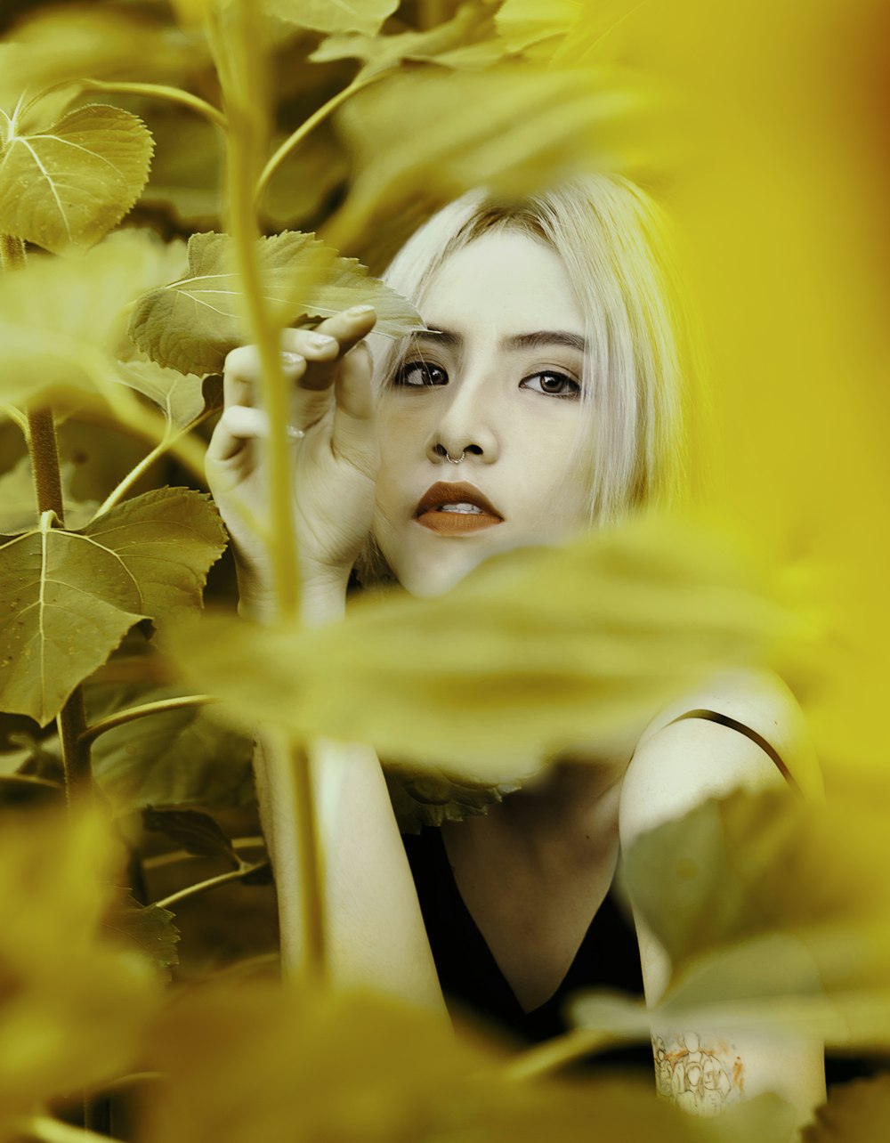 woman taking photo beside yellow leaves