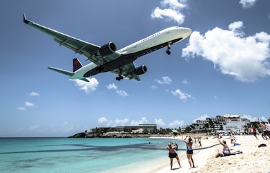 plane landing near seashore during daytime