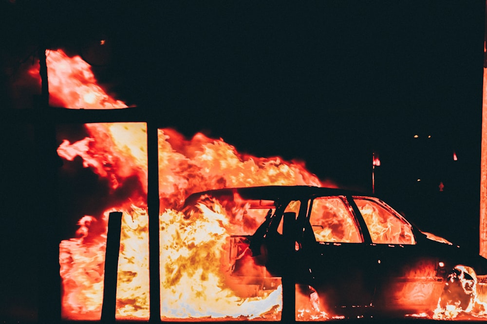 burning vehicle at night time
