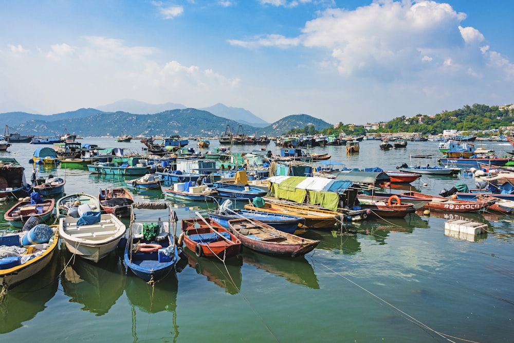 assorted-color boats on calm water at daytime