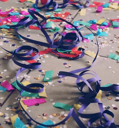 ribbons and confetti on floor\