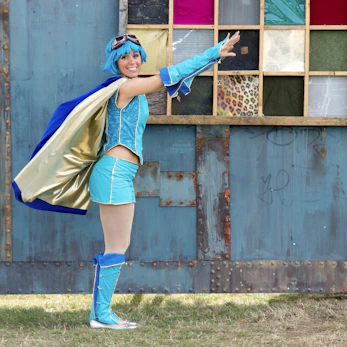 woman wearing anime costume about to fly position