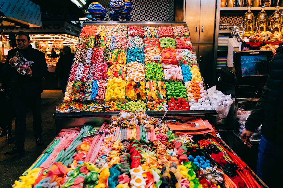 Mercat de la Boqueria fruit and seafood stalls