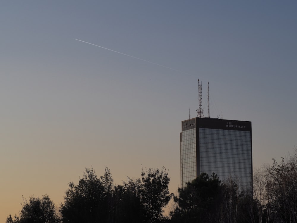 low angle photo of building beside trees