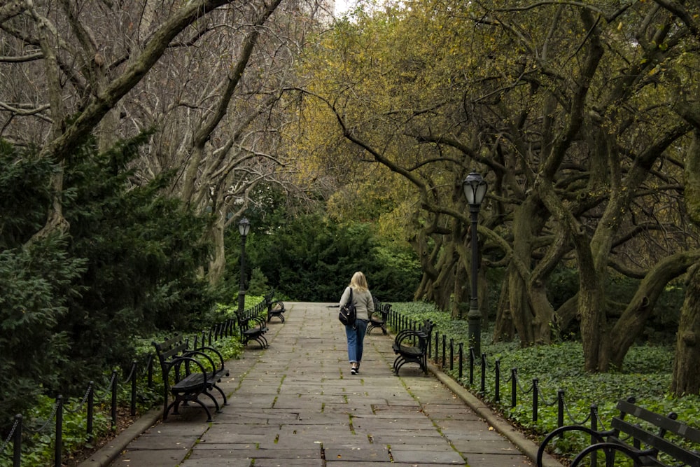 donna che cammina sulla strada tra gli alberi