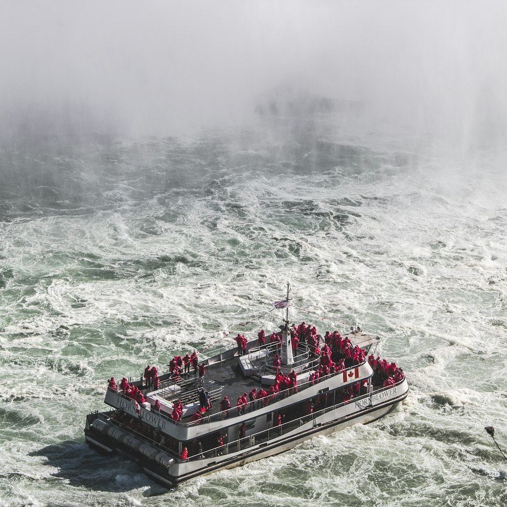 white and red ship with people onboard during daytime