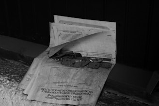A stack of newspapers or papers is placed on a rough surface with several metal hinges and small parts on top. The scene is in black and white, creating a vintage or nostalgic feel. The background surface is dark, possibly a wooden bench or shelf, while the papers are older, possibly instruction manuals in various languages.