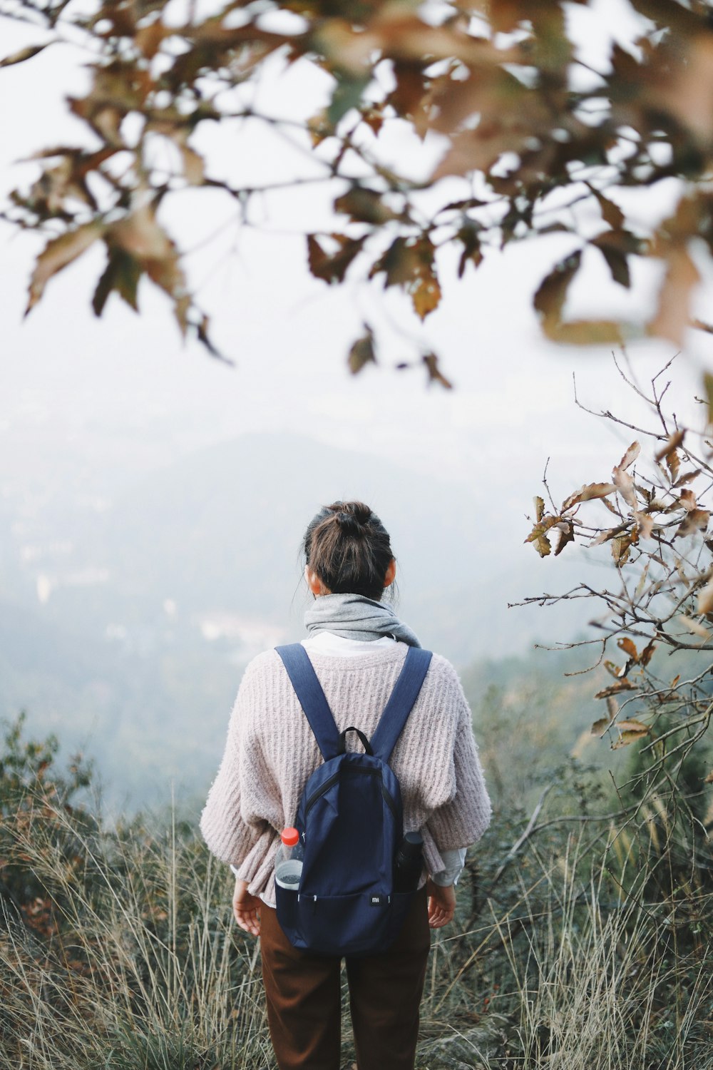 woman wearing backpack facing open field view under foggy weather