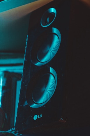 A close-up view of a black speaker featuring two large circular drivers. The speaker is standing upright in a dimly lit environment with a bluish tint, highlighting its textured surface and the brand logo near the bottom. The top driver is smaller, with distinct concentric patterns visible in the recessed areas of the drivers.