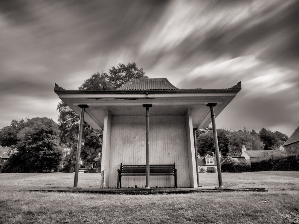 grayscale photo of gazebo